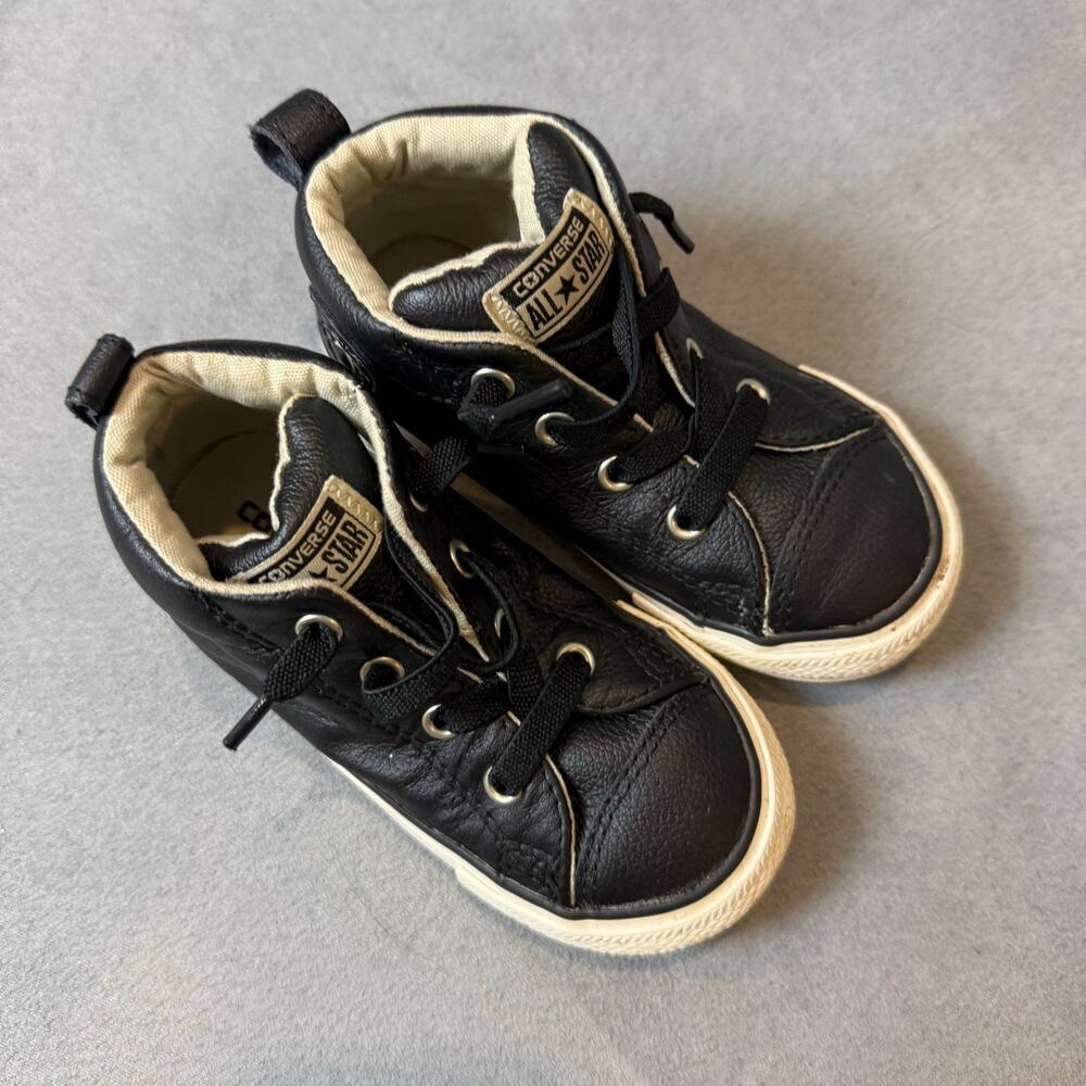 Converse All Star Chuck Taylor Black Leather High Tops Shoes Sneakers Size 6 - Picture 3 of 11
